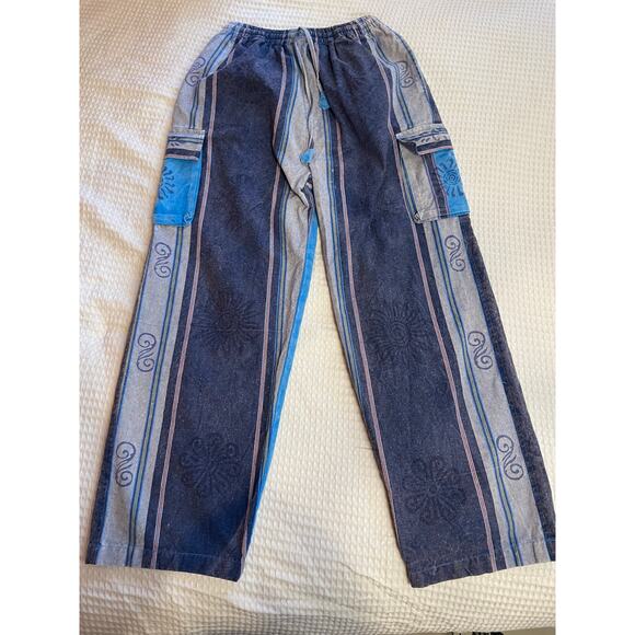 Siddhartha Bohemian 100% Cotton Blue Striped Sunburst Print Cargo Pants Sm/Med - Picture 1 of 12